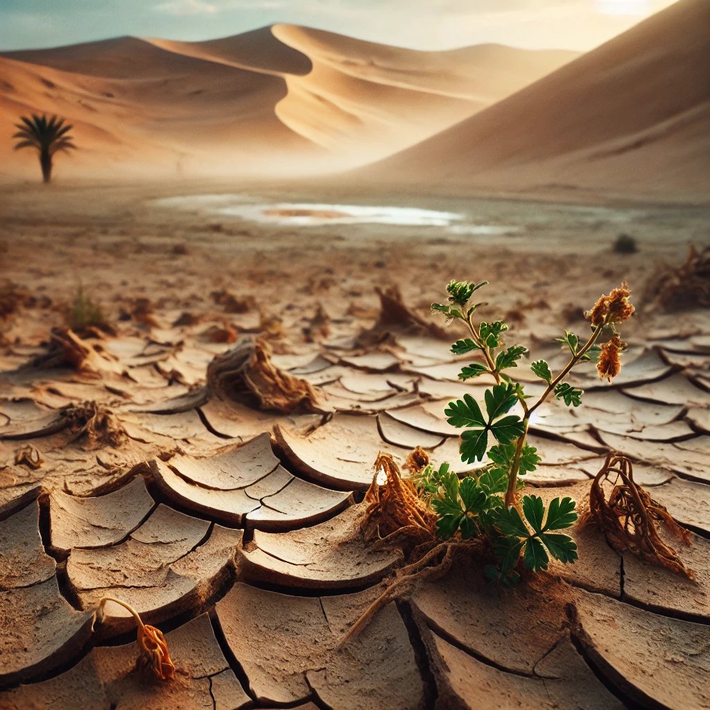DALL·E 2024-10-23 13.09.56 – A desert scene in the Oriental region with signs of desertification, featuring dry, cracked earth and sparse vegetation. In the background, a small oa La Boucle De l’Étoile: une reconnaissance du terrain Éco-responsable